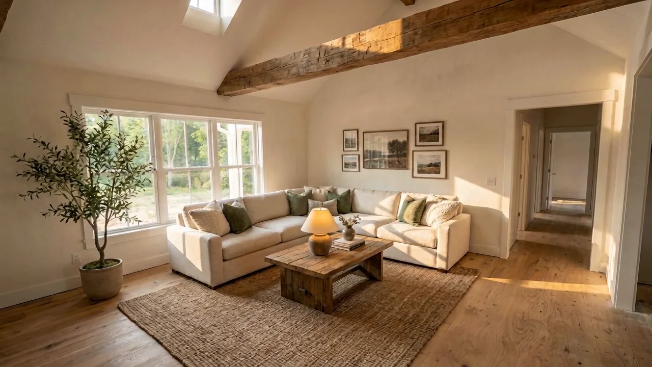 A finished custom white-oak hardwood floor in a sunlit living room installed by Forever Flooring
